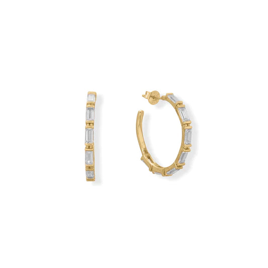14K Gold Plated Clear CZ Baguette Hoop Earrings
