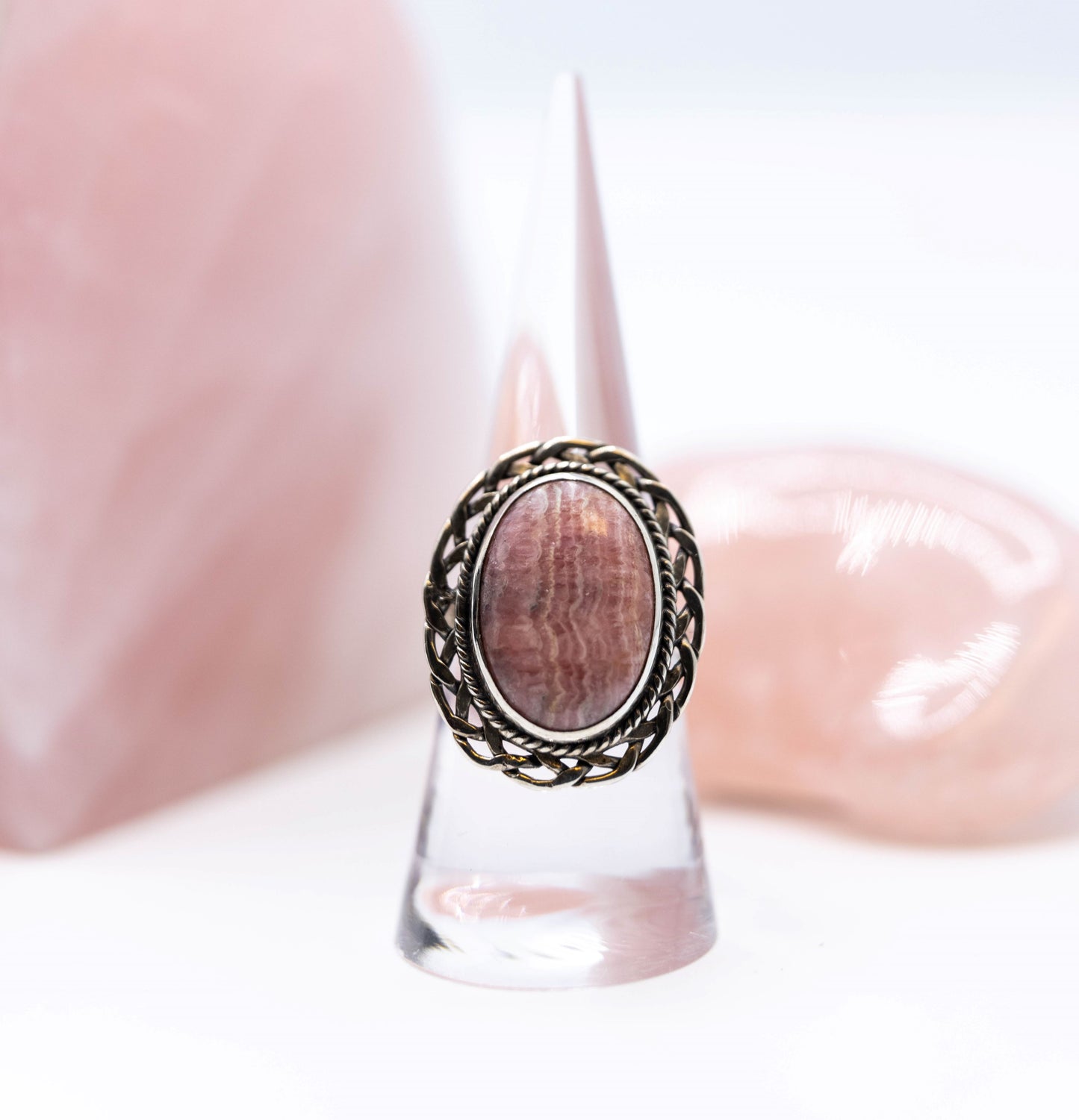 Rhodochrosite Braided Cocktail Ring .925