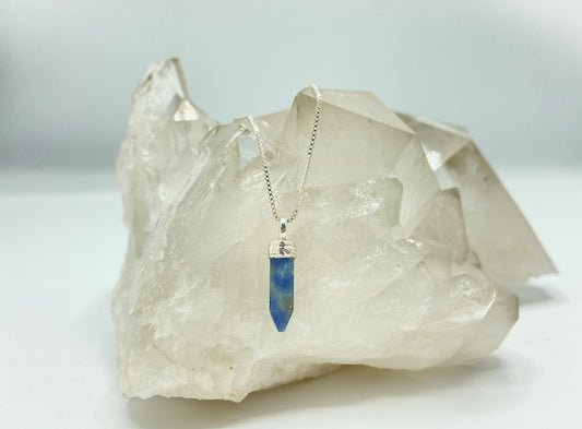 Blue Sapphire Ultra Mini Crystal Point Pendant .925 Adj Chain