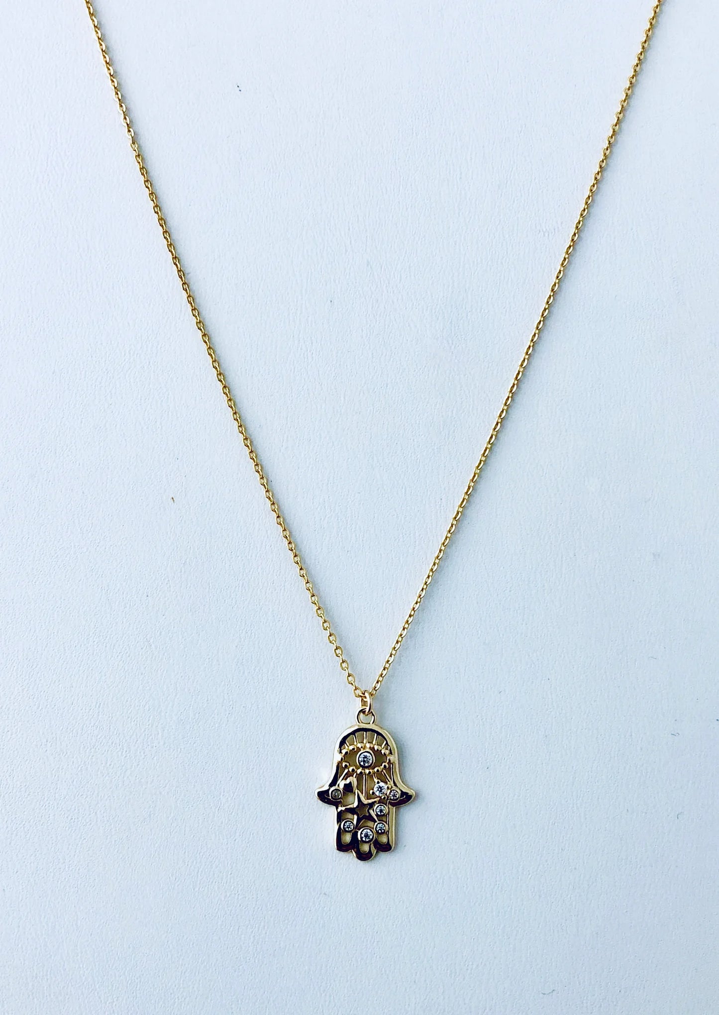 Hamsa Evil Eye CZ Stars Necklace 14K GP