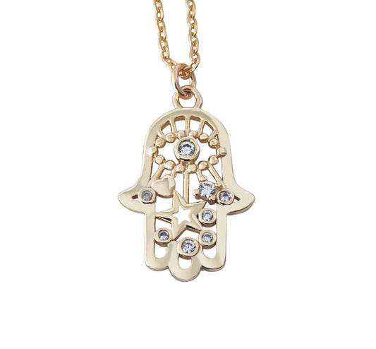 Hamsa Evil Eye CZ Stars 14K GP