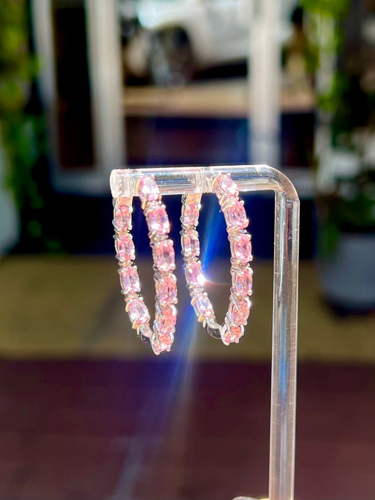 Pink Tourmaline Champagne Diamond Hoop Earrings .925
