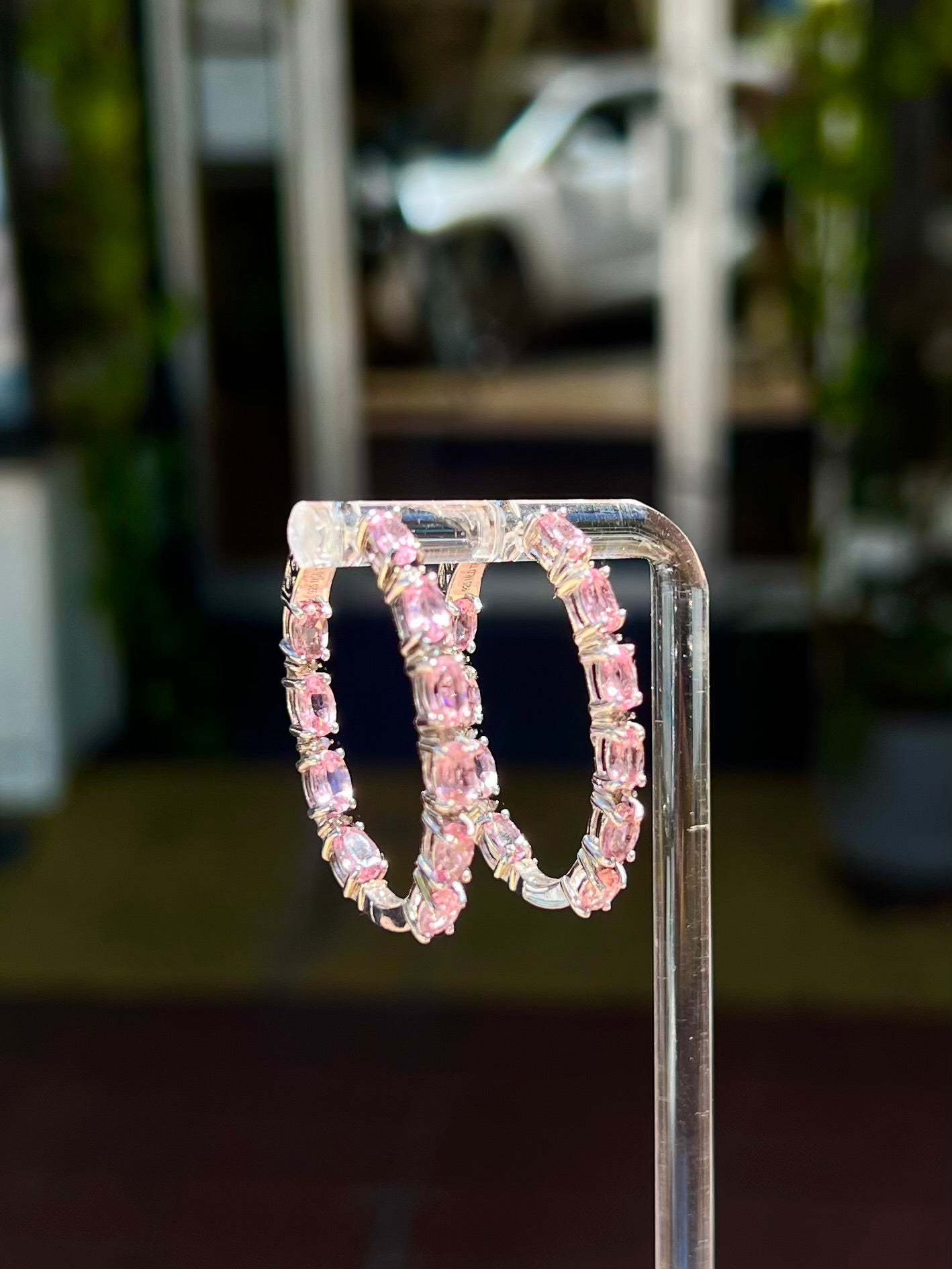 Pink Tourmaline Champagne Diamond Hoop Earrings .925
