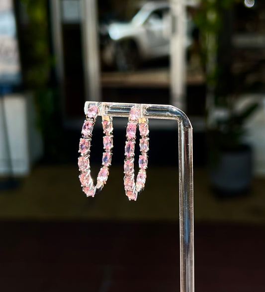 Pink Tourmaline Champagne Diamond Hoop Earrings .925
