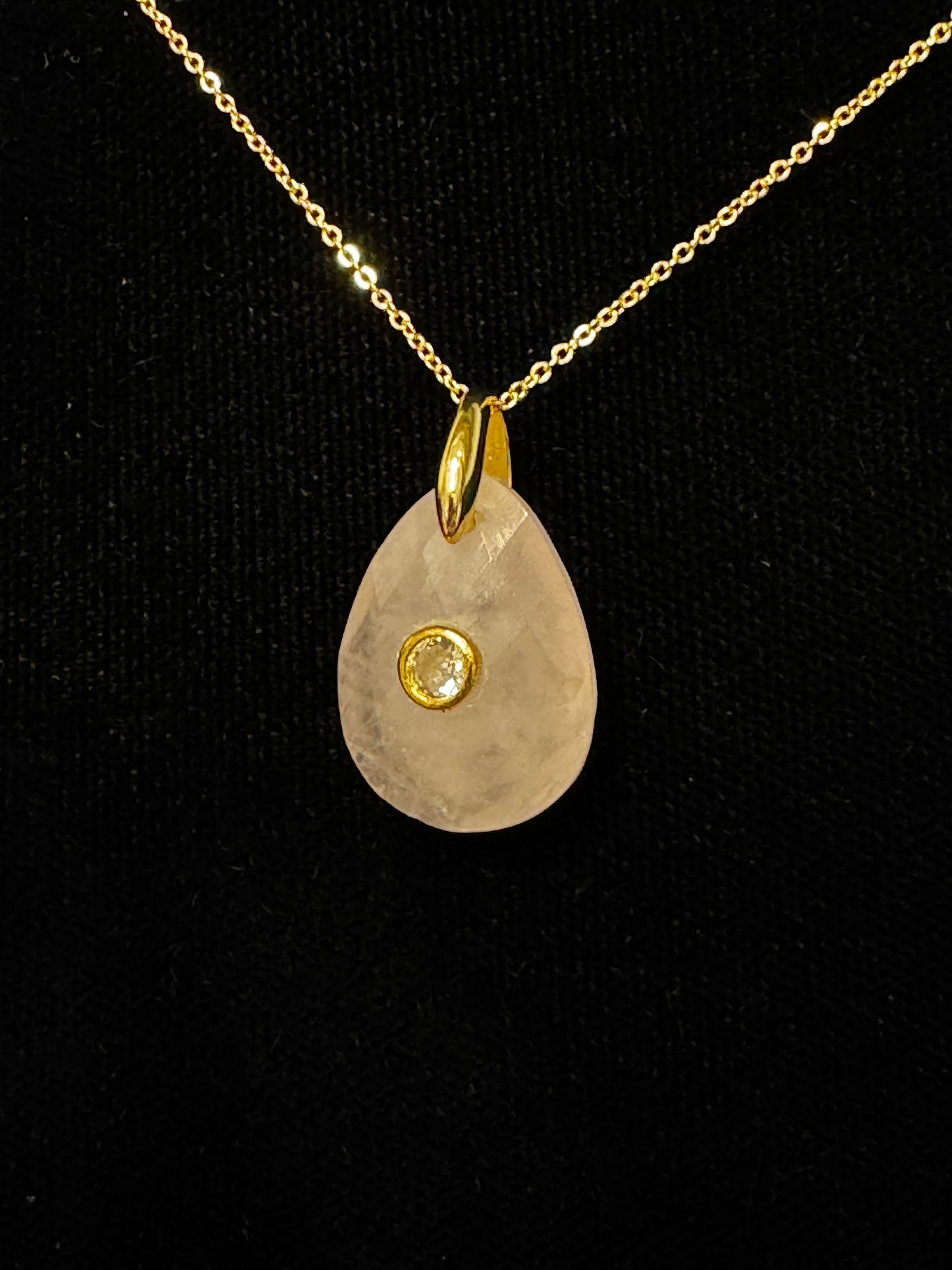 Rose Quartz & White Topaz Adjustable Teardrop Necklace | 18K GP SS