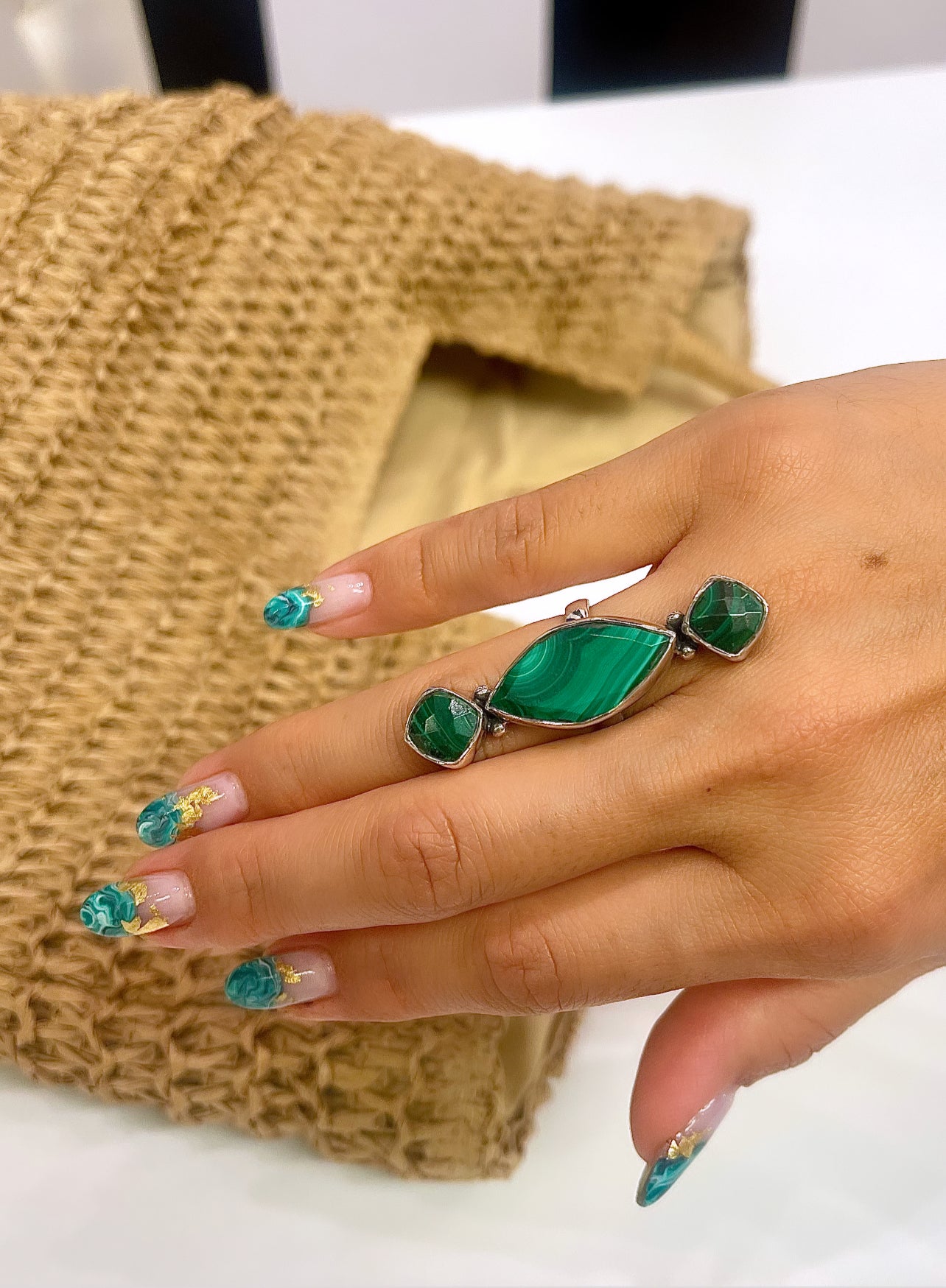 Malachite Geometric Cocktail Ring .925