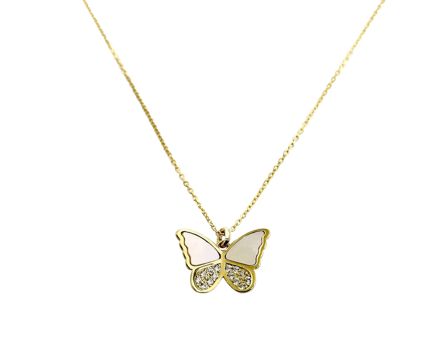 MOP CZ Butterfly Necklace 14K GP
