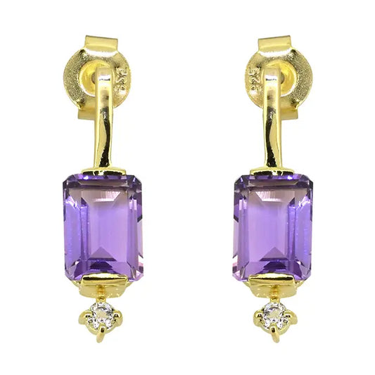Rectangular Amethyst Drop Earrings – Gold with White Topaz — 14K Gold Plated
