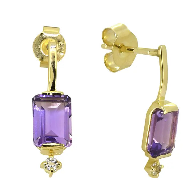 Rectangular Amethyst Drop Earrings – Gold with White Topaz — 14K Gold Plated