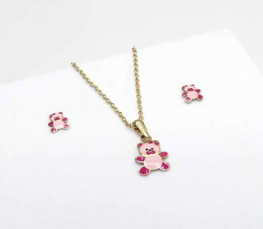 Pink Teddy Bear Pendant 14K Gold