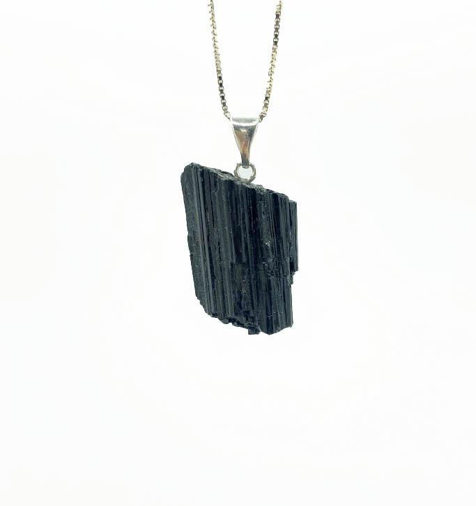 Black Tourmaline Raw Pendant Necklace .925