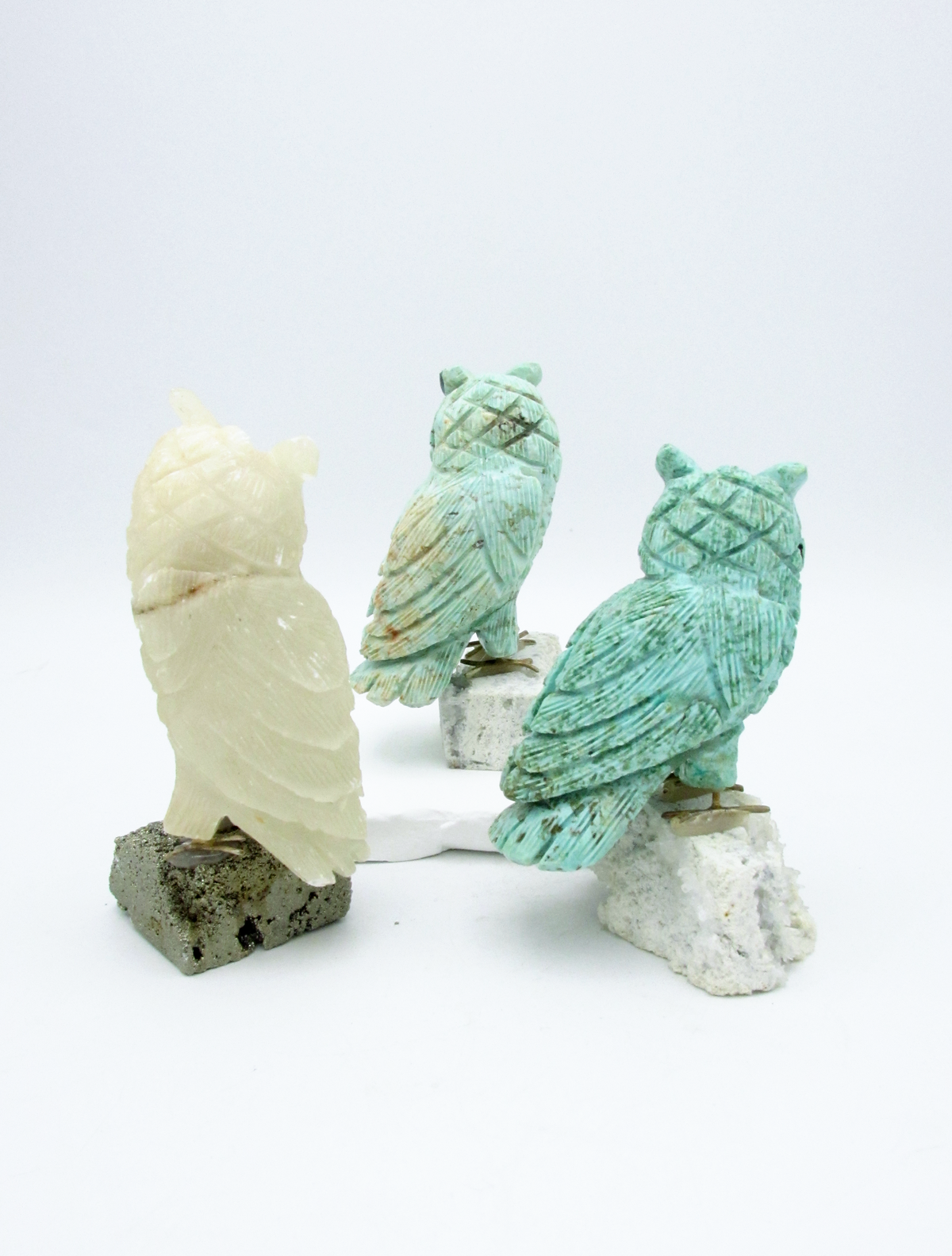 White Calcite Crystal Owl on Pyrite | Hand-Carved