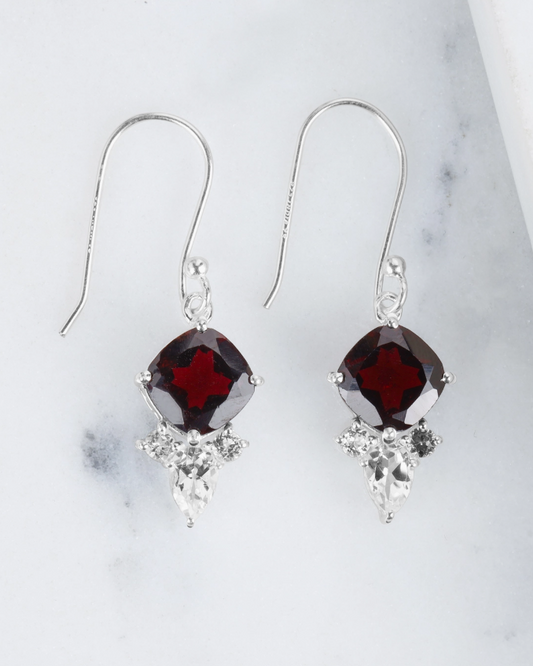 Garnet & White Topaz Dangle Earrings .925