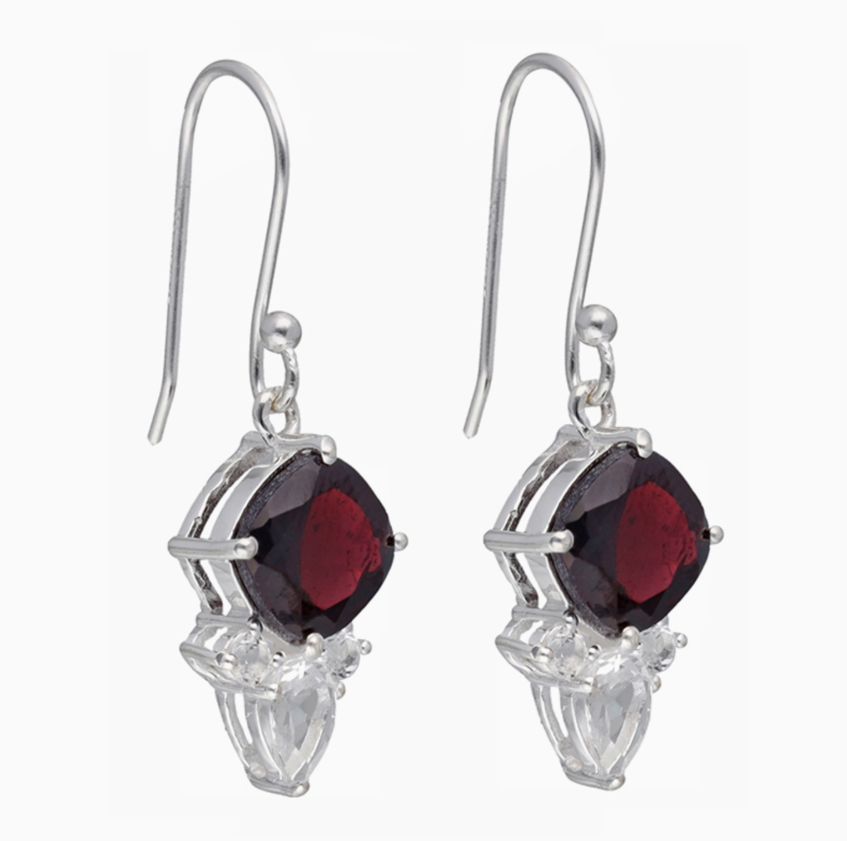Garnet & White Topaz Dangle Earrings .925