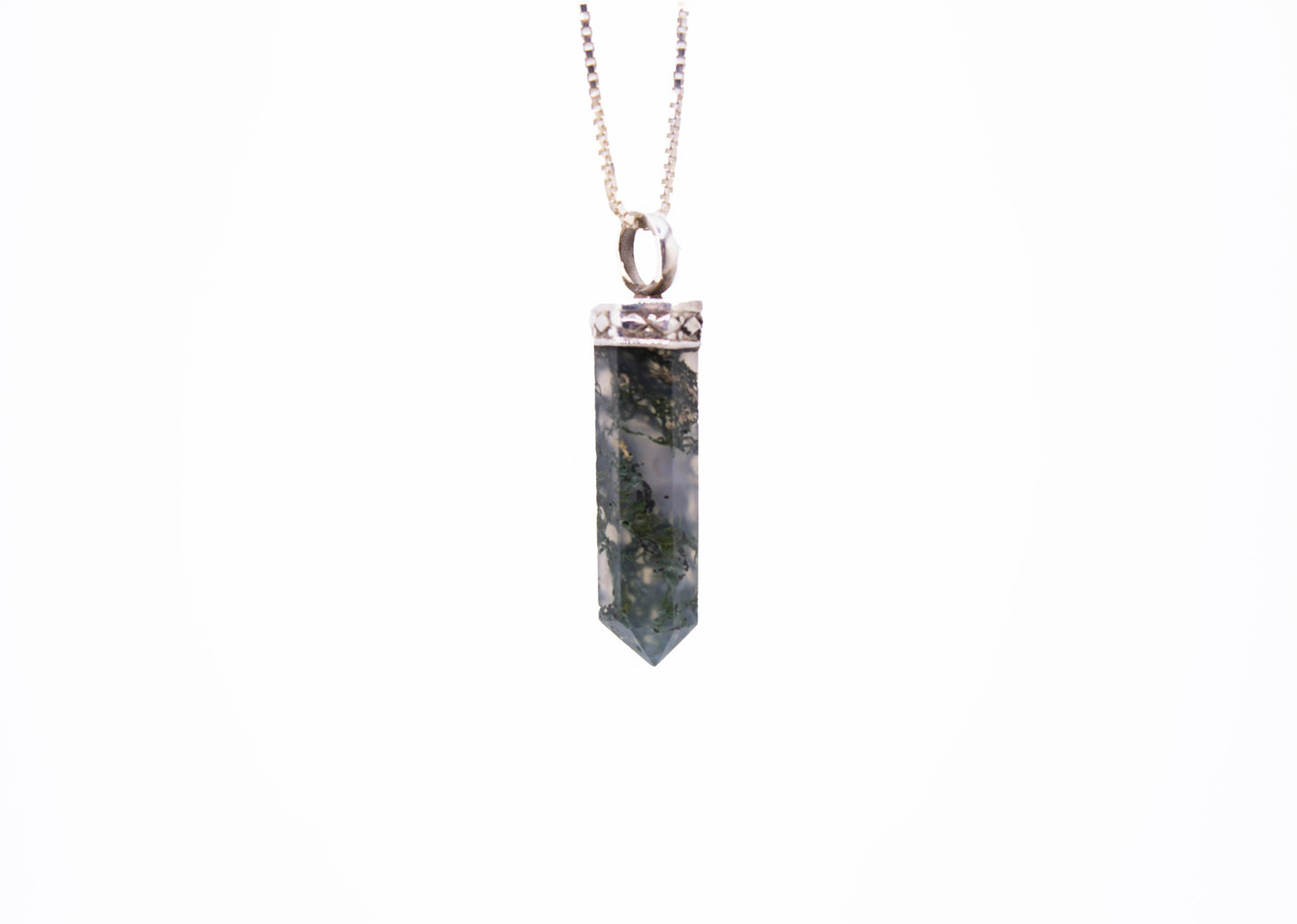Moss Agate Mini Crystal Point Pendant .925 Adj Chain