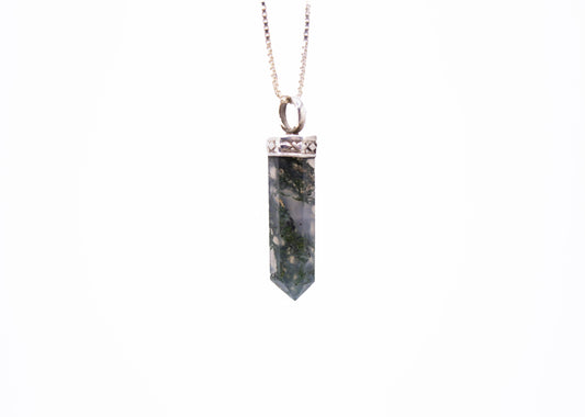 Moss Agate Mini Crystal Point Pendant .925 Adj Chain