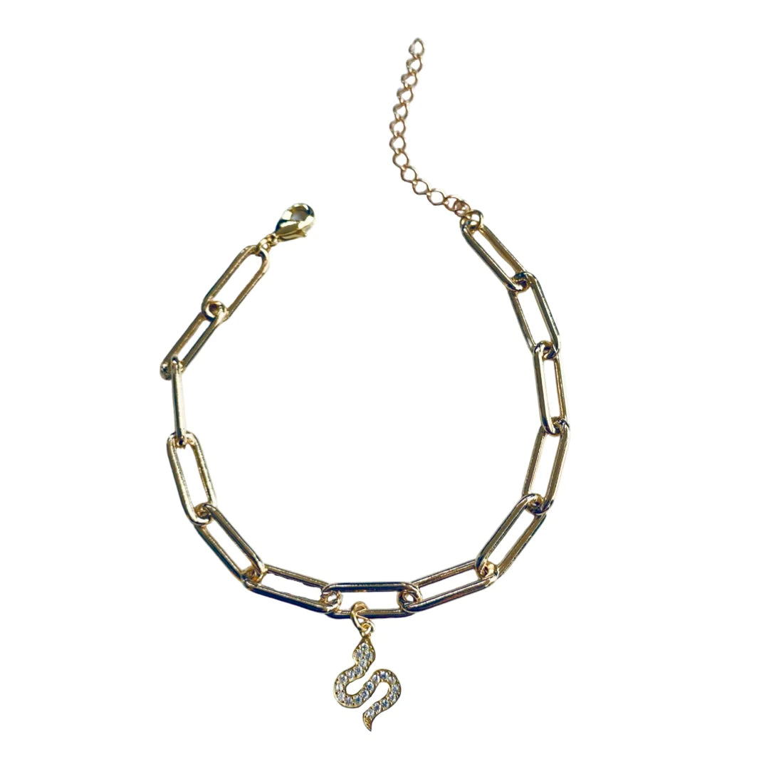 18k GF Paperclip Chain Bracelet Snake Charm