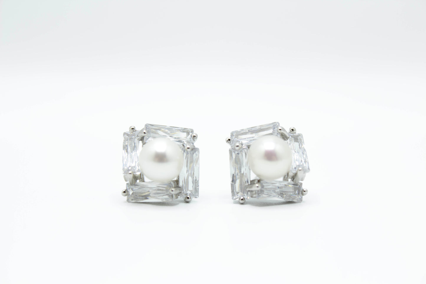 Freshwater Pearl CZ Baguette Cluster Stud .925