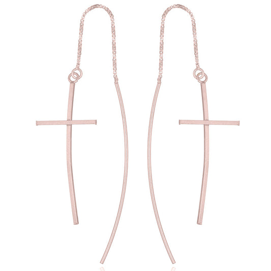 Curved Cross Threader Earrings Rose Gold