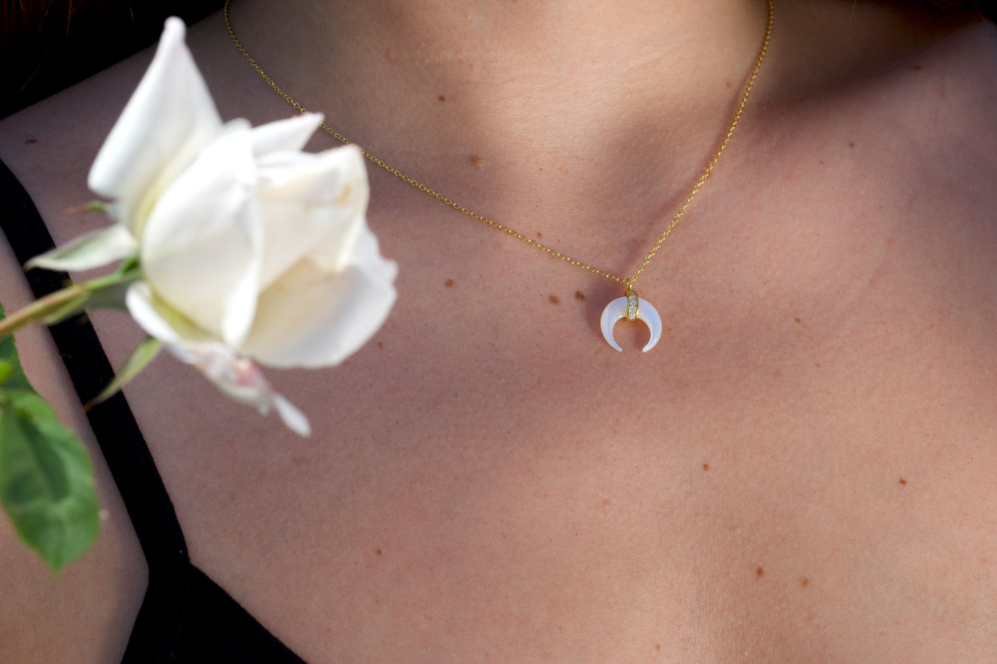 Pearl Crescent Moon Necklace 14K GP