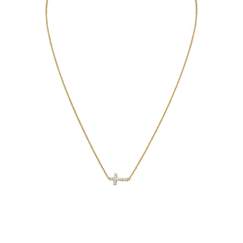 CZ Cross Sidways Necklace 14k GP