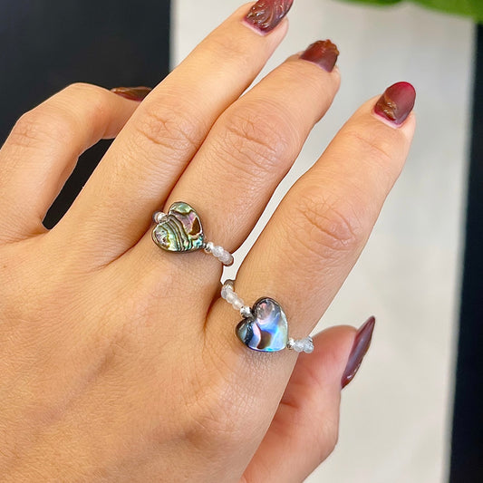 Abalone Heart + Aquamarine Stretch Ring