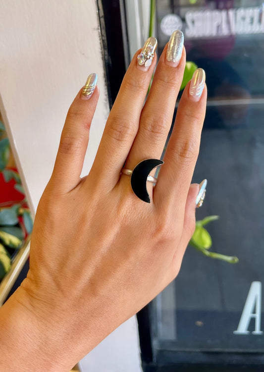 Black Onyx Crescent Moon Ring .925