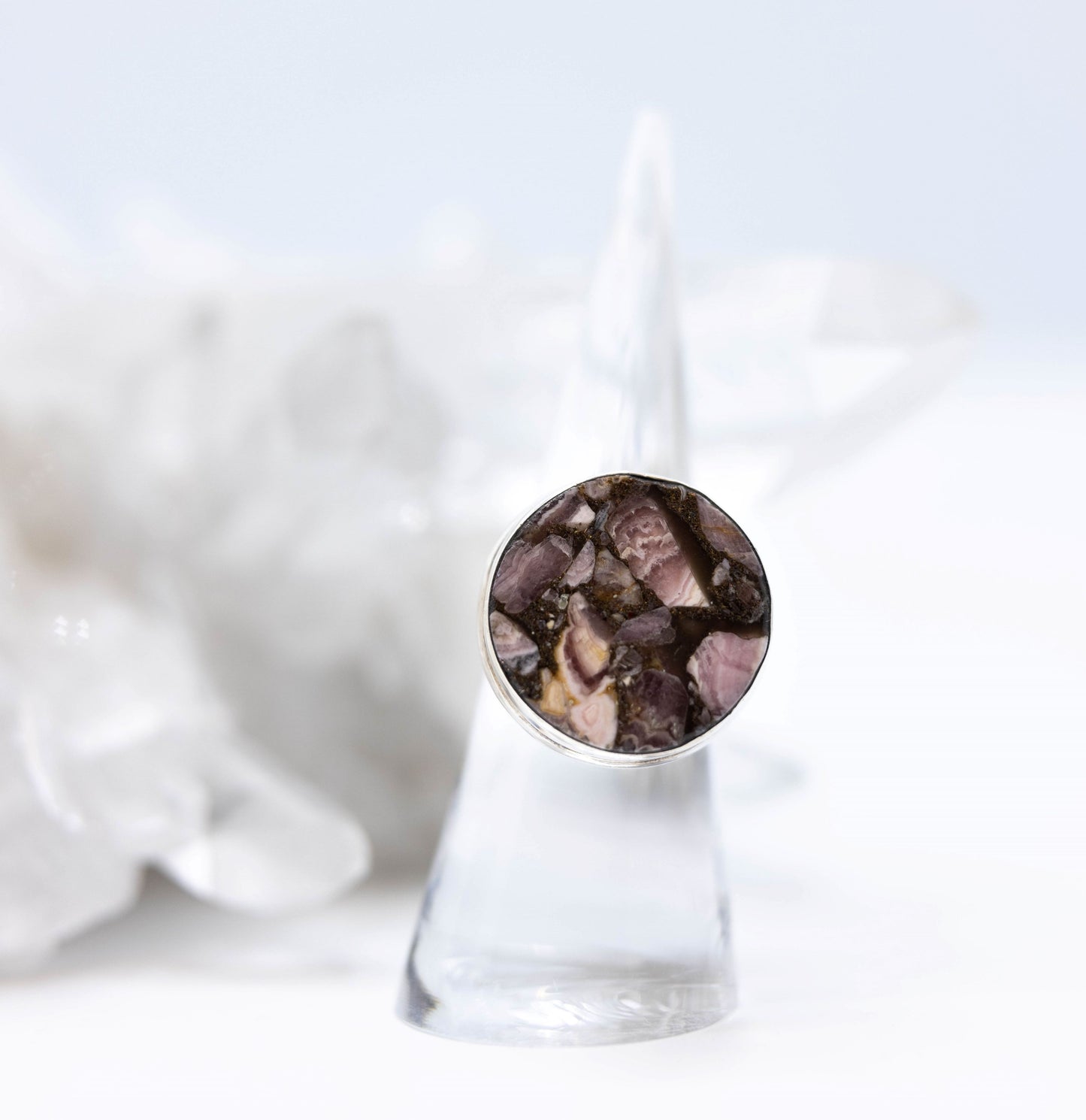 Rhodonite Pieces Round Cocktail Ring .925