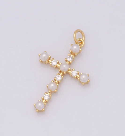 Pearl and CZ Cross Necklace GF