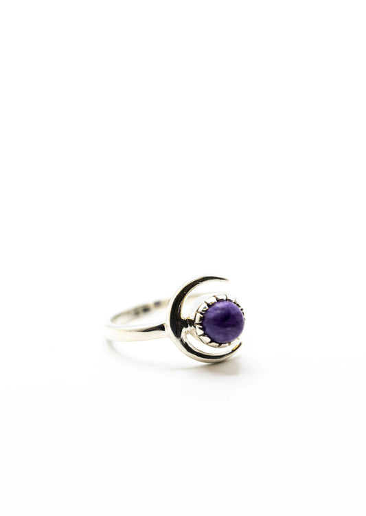 Charoite Crystal Crescent Moon Ring .925