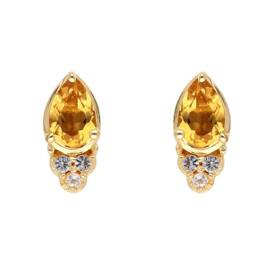 Citrine Topaz Pear Stud Earring - 14K Gold Plated
