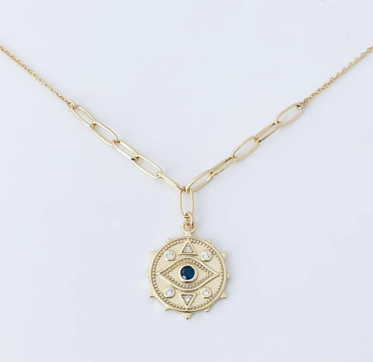 Paperclip Evil Eye Necklace 14K GP