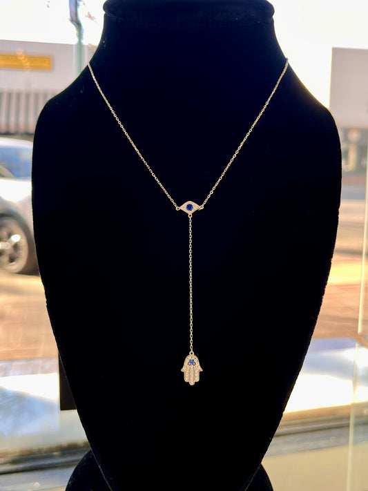 Evil Eye & Hamsa Drop Necklace .925