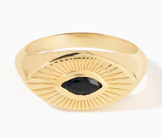 Black Spinel Sunburst Halo Ring – 14K Gold Plated