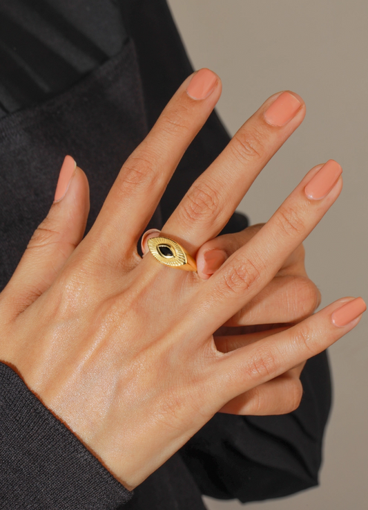 Black Spinel Sunburst Halo Ring – 14K Gold Plated