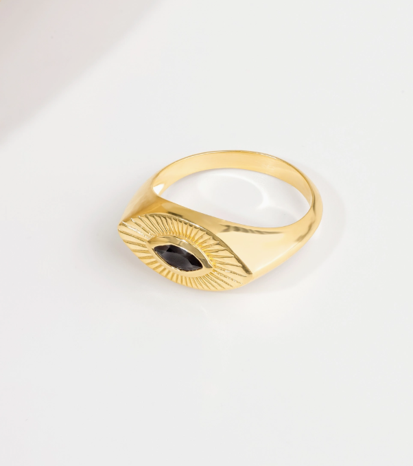 Black Spinel Sunburst Halo Ring – 14K Gold Plated