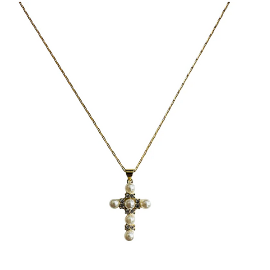 Victorian Pearl Cross Necklace 14K GF