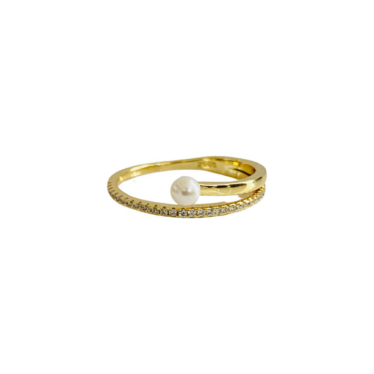 Gold CZ Band Pearl Ring 14K GP