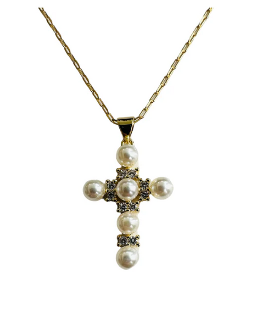 Victorian Pearl Cross Necklace 14K GF