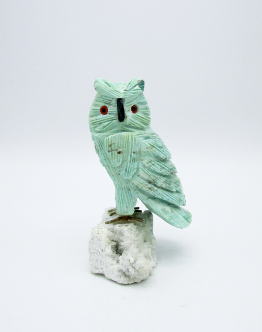 Amazonite Owl on Druzy | Hand-Carved in Peru