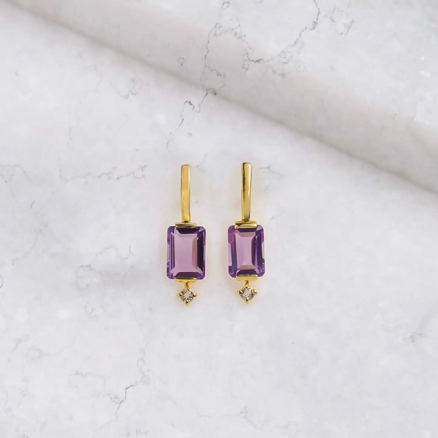 Rectangular Amethyst Drop Earrings – Gold with White Topaz — 14K Gold Plated