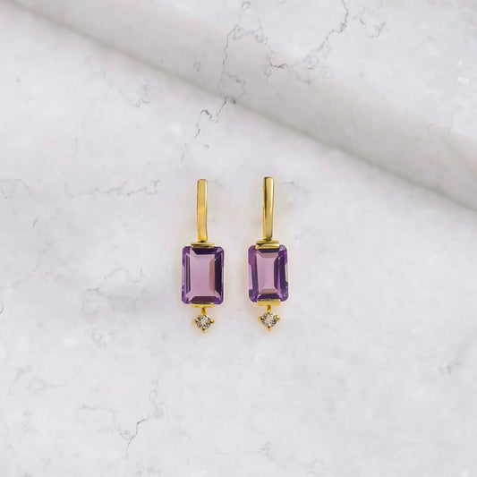 Rectangular Amethyst Drop Earrings – Gold with White Topaz — 14K Gold Plated