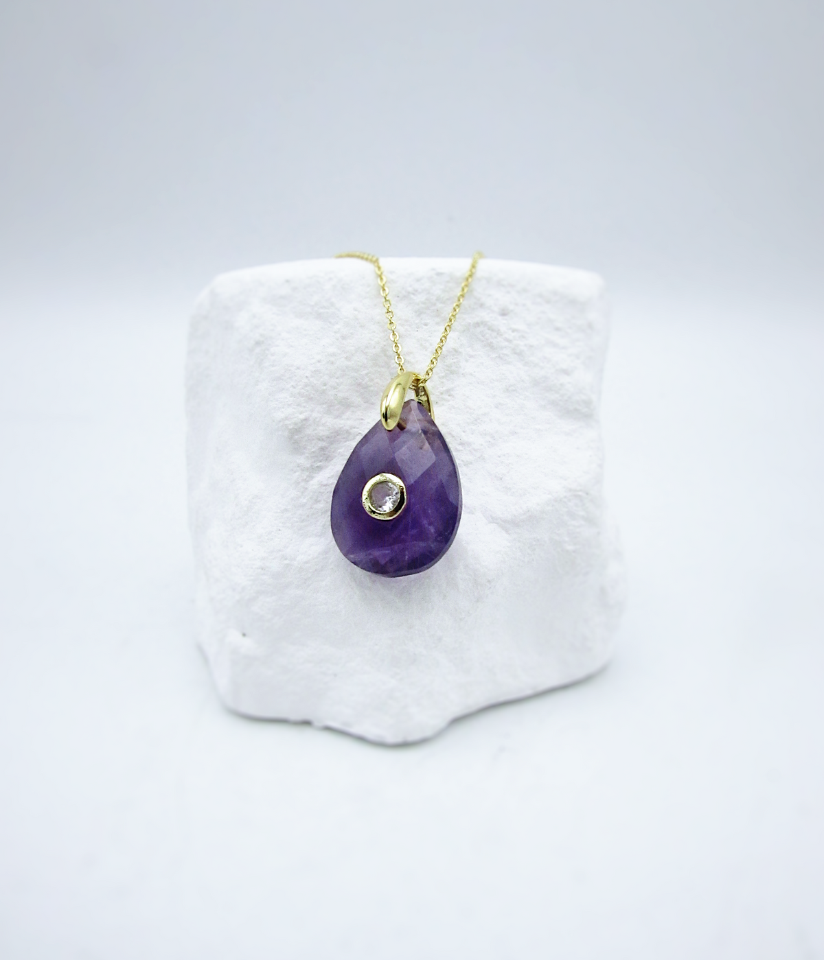 Amethyst & White Topaz Adjustable Teardrop Necklace | 18K GP SS