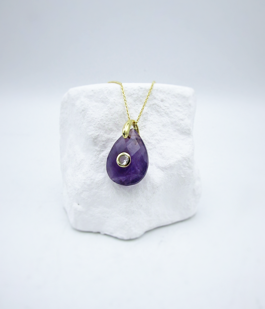 Amethyst & White Topaz Adjustable Teardrop Necklace | 18K GP SS