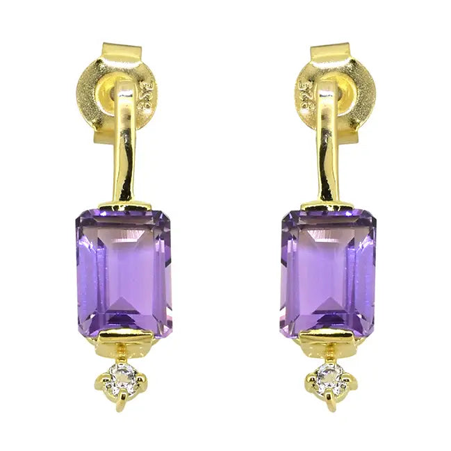Rectangular Amethyst Drop Earrings – Gold with White Topaz — 14K Gold Plated