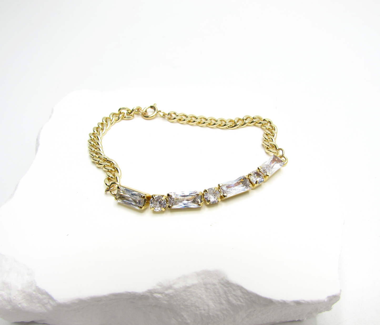 CZ Baguette X Curb Chain Bracelet 14K GF