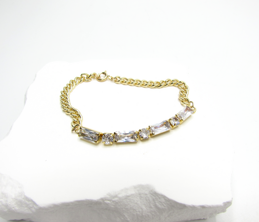CZ Baguette X Curb Chain Bracelet 14K GF