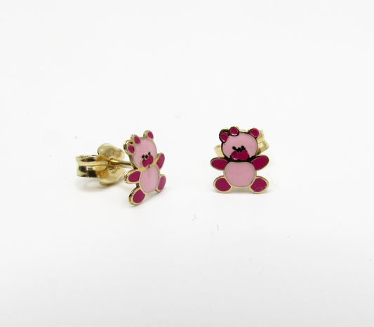 Pink Teddy Bear Studs 14K Gold