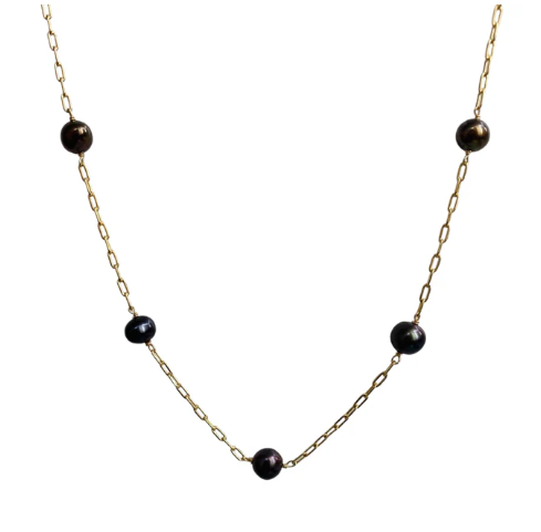 Black Pearl Mini Paperclip Necklace 14K GP