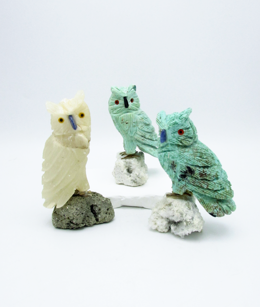 White Calcite Crystal Owl on Pyrite | Hand-Carved